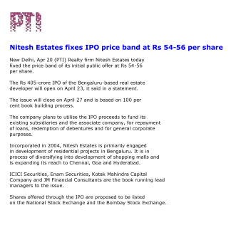 Nitesh Land fixes IPO price band at Rs 54