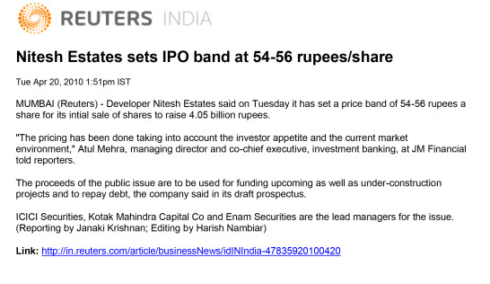 Nitesh Land sets IPO band at 54