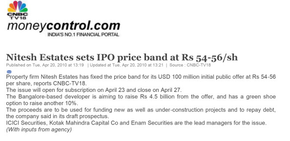 Nitesh Land sets IPO price band at Rs 54