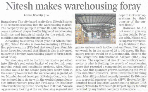 Nitesh makes warehousing foray - The Times of India - Bangalore